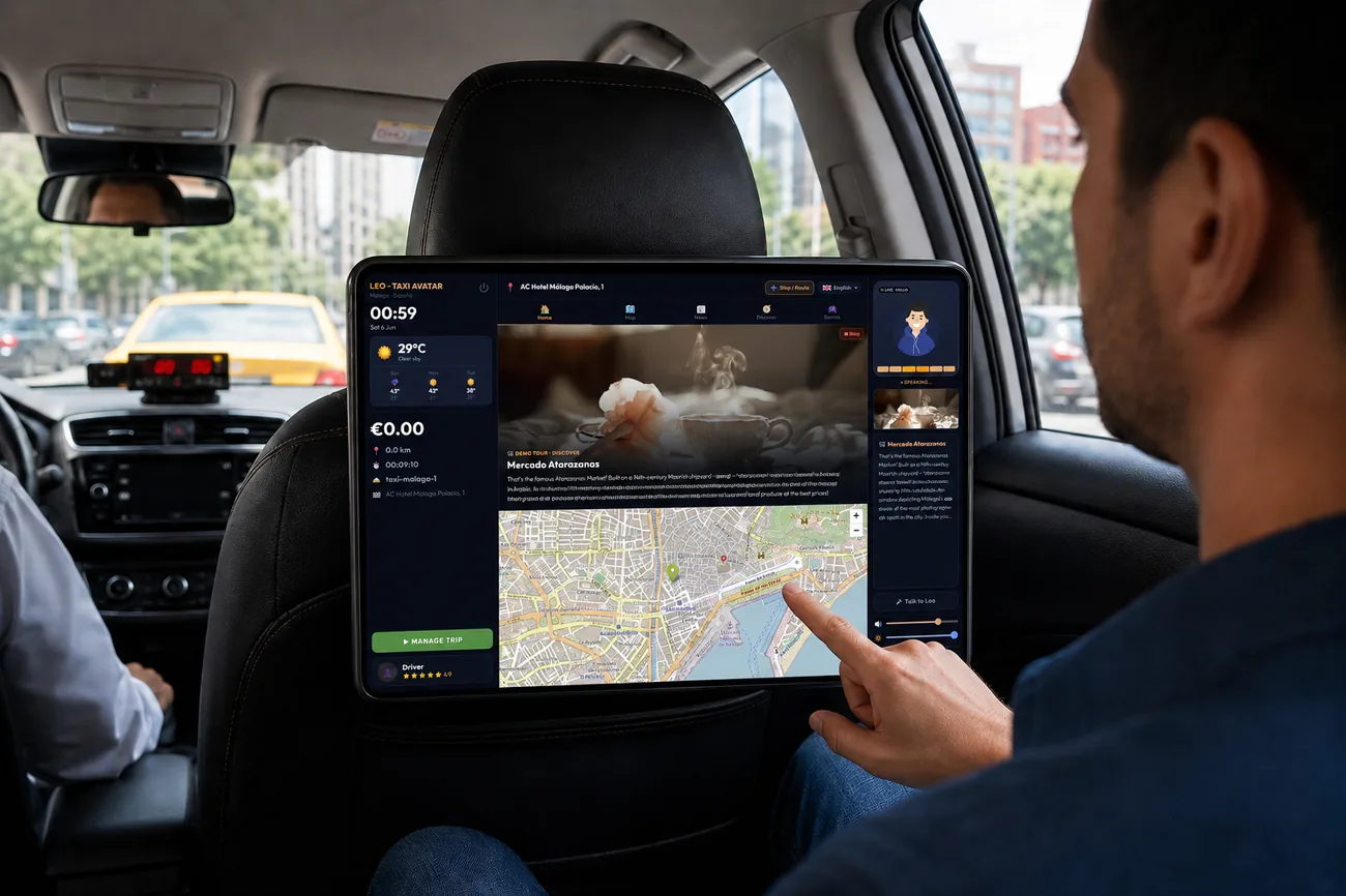 Leo running on a taxi headrest tablet